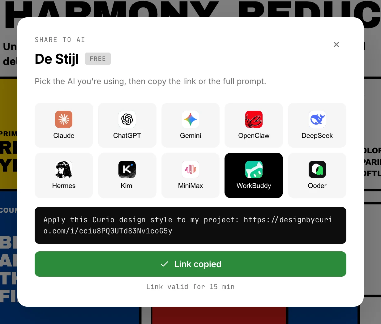The generated share link copied with its prompt