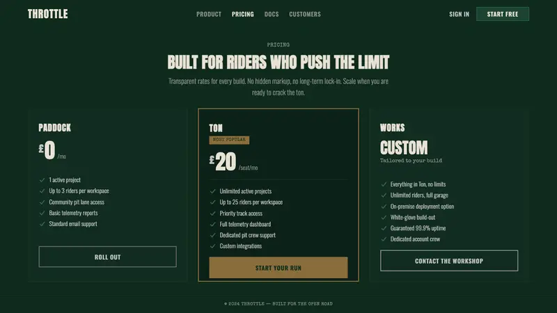Café Racer Ton-Up — Web · pricing