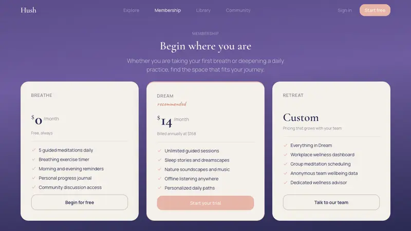 Calm App Purple Meditation — Web · pricing