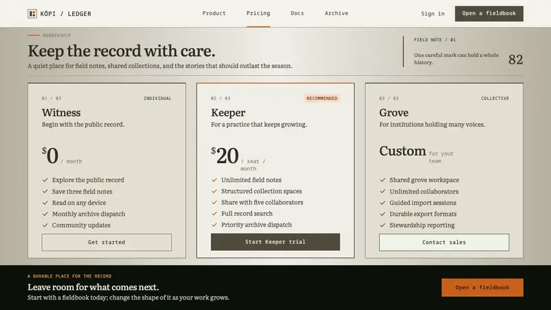 Moriori Rakau Momori — Web · pricing
