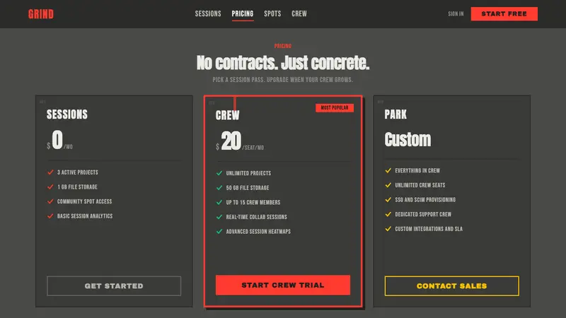 Concrete Skatepark — Web · pricing