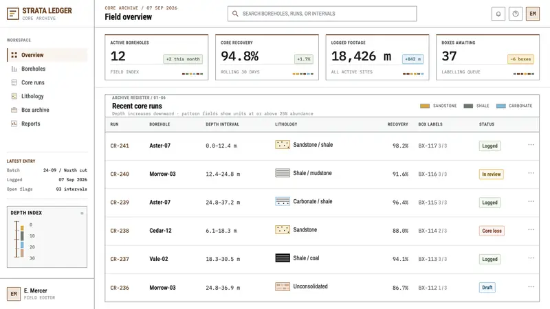 Core Sample Log — Web · dashboard