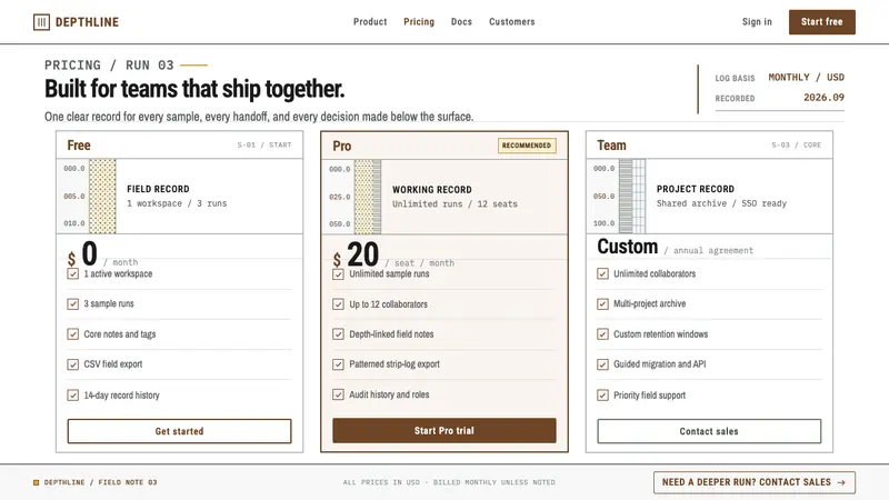 Core Sample Log — Web · pricing