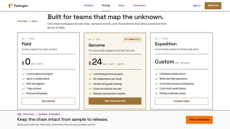 De-extinction Lab — Web · pricing