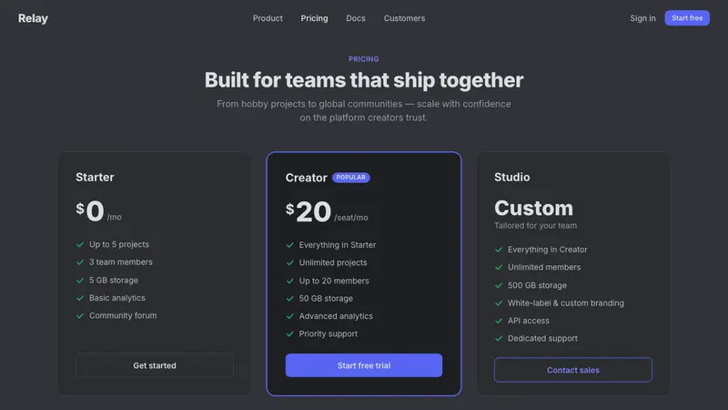 Discord Creator Dark UI — Web · pricing