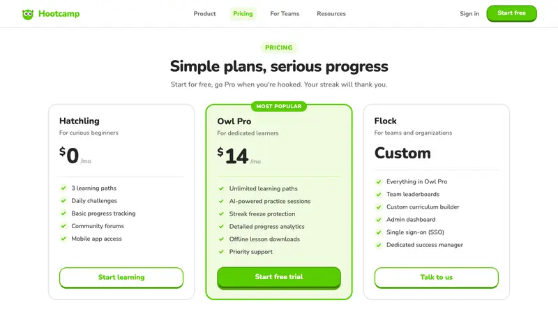 Duolingo Green Owl Mascot — Web · pricing
