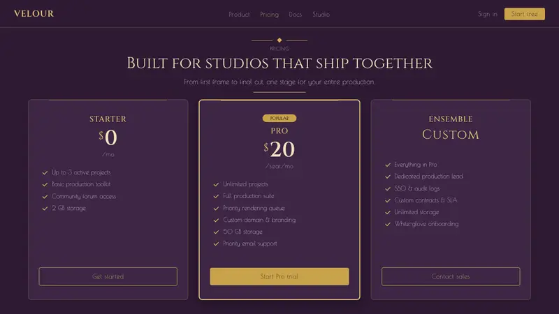 Velvet Cinema Deco — Web · pricing