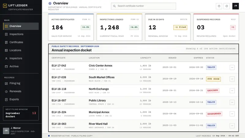 Elevator Certificate — Web · dashboard