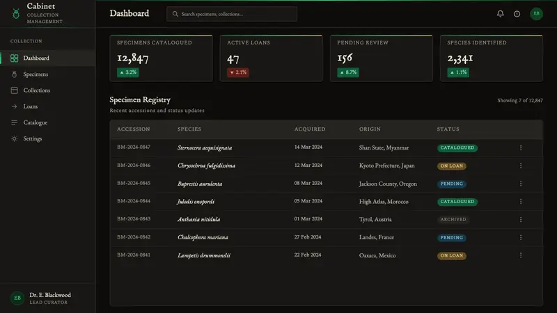 Beetle Specimen Cabinet — Web · dashboard