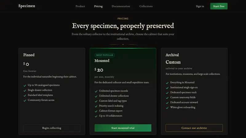 Beetle Specimen Cabinet — Web · pricing
