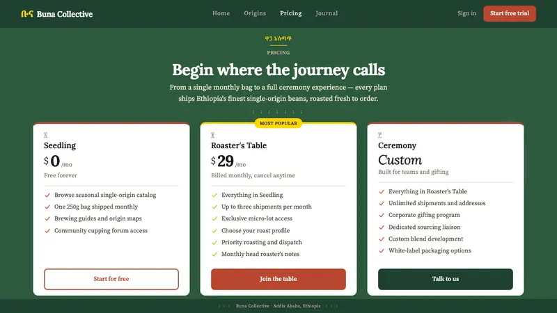 Ethiopian Coffee Buna — Web · pricing