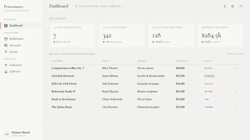 White Cube Gallery — Web · dashboard