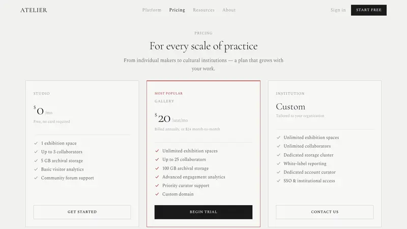 White Cube Gallery — Web · pricing