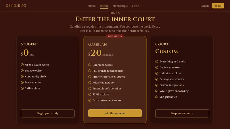 Gamelan Bronze — Web · pricing