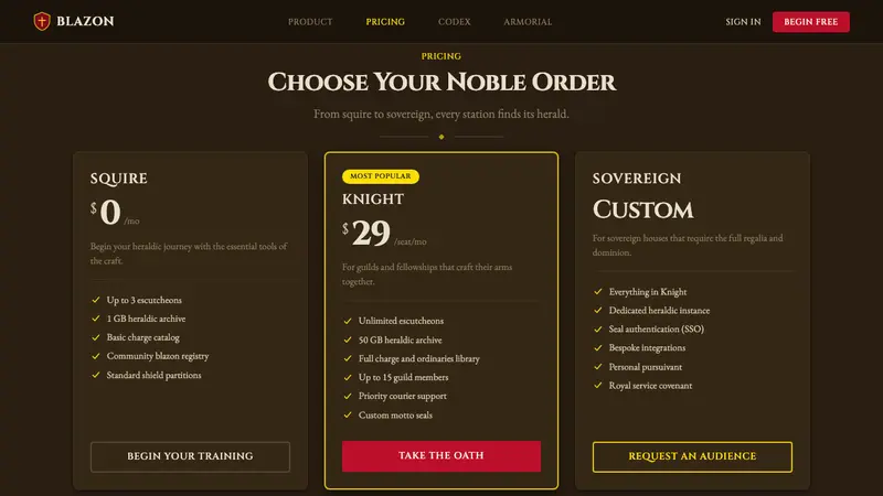 Heraldic Blazon — Web · pricing