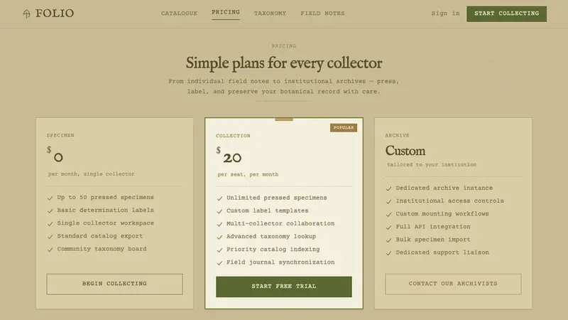 Herbarium Sheet — Web · pricing