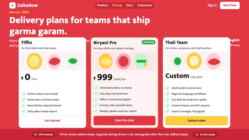 Zomato India Delivery — Web · pricing