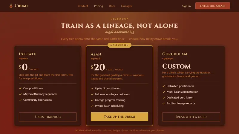 Kalaripayattu Kalari Arena — Web · pricing