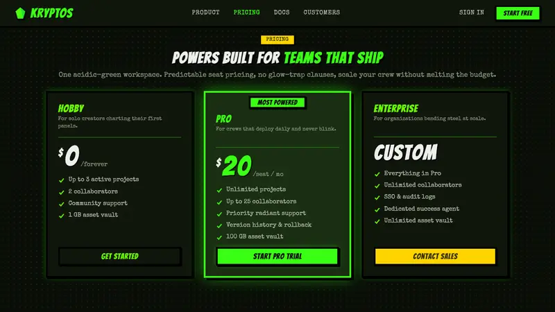 Kryptonite Green — Web · pricing