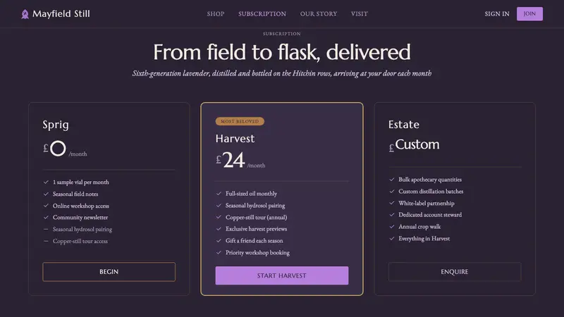 Lavender Distillery — Web · pricing
