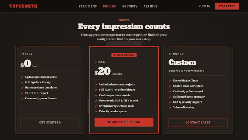 Wood Type Specimen — Web · pricing