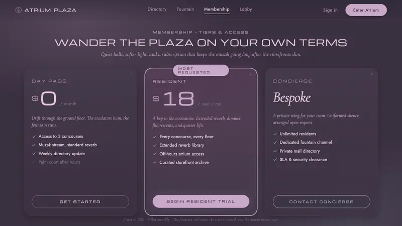 Mallsoft Plaza Muzak — Web · pricing