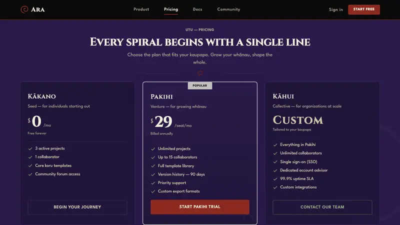 Māori Koru (Aotearoa) — Web · pricing