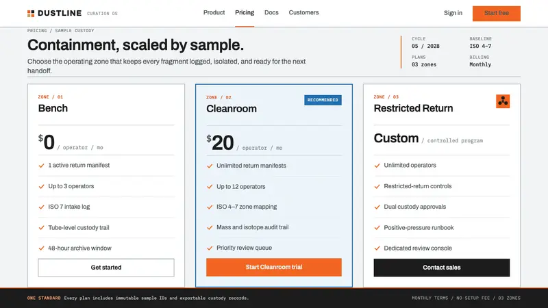 Mars Sample Curation Lab — Web · pricing