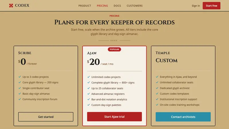 Maya Glyph Codex — Web · pricing