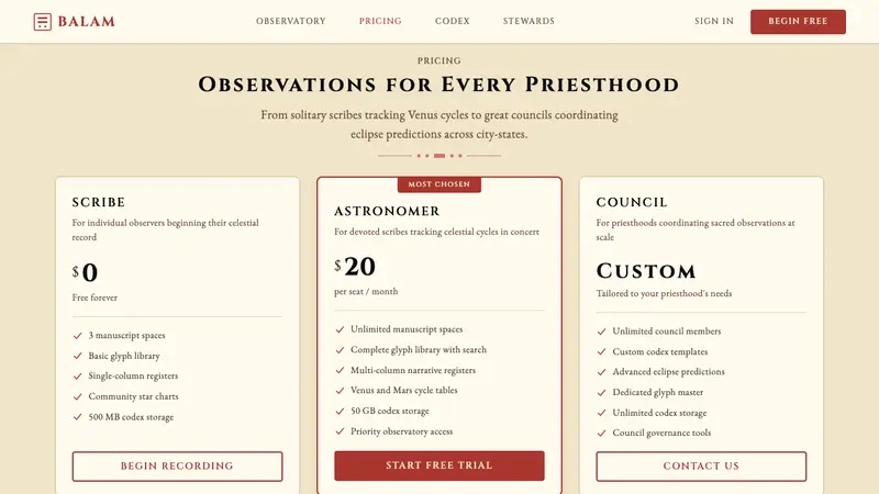 Mayan Dresden Codex — Web · pricing