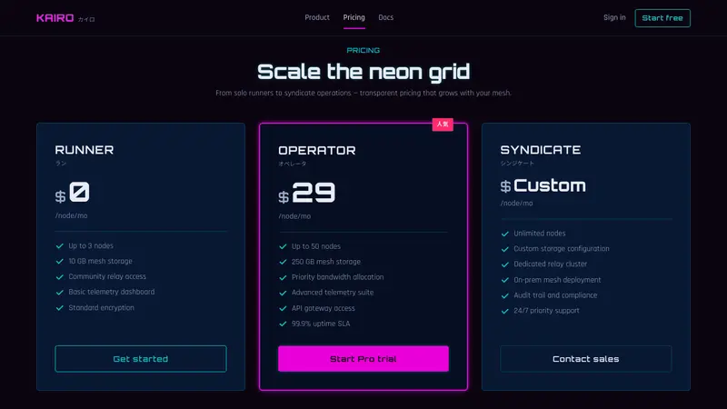 Neo-Tokyo 2099 — Web · pricing