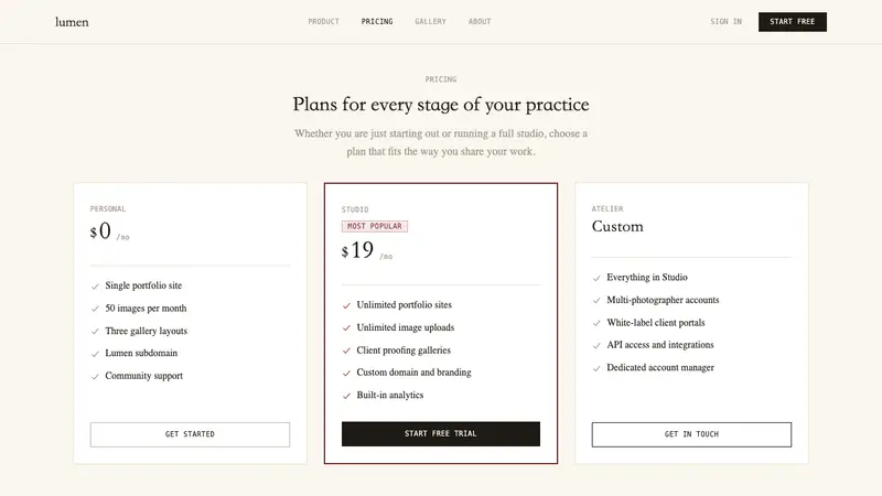 Photographer Light Folio — Web · pricing