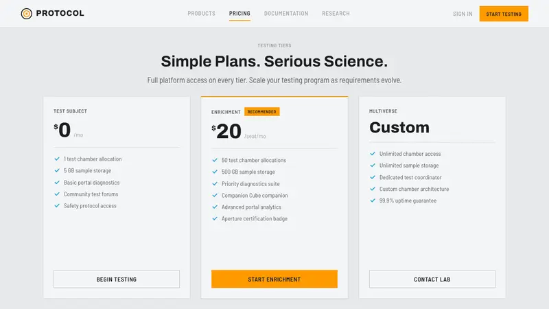 Aperture Science — Web · pricing