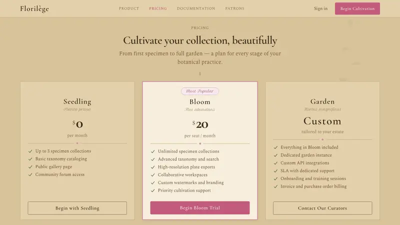 Redouté Botanical — Web · pricing