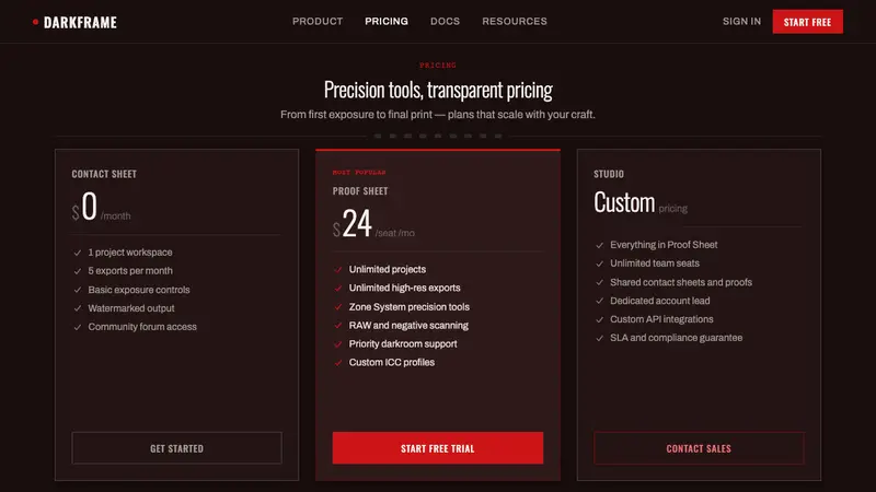 Silver Gelatin Darkroom — Web · pricing