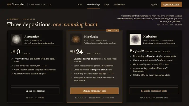 Spore Print Card — Web · pricing