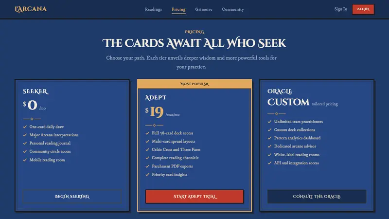 Tarot de Marseille — Web · pricing
