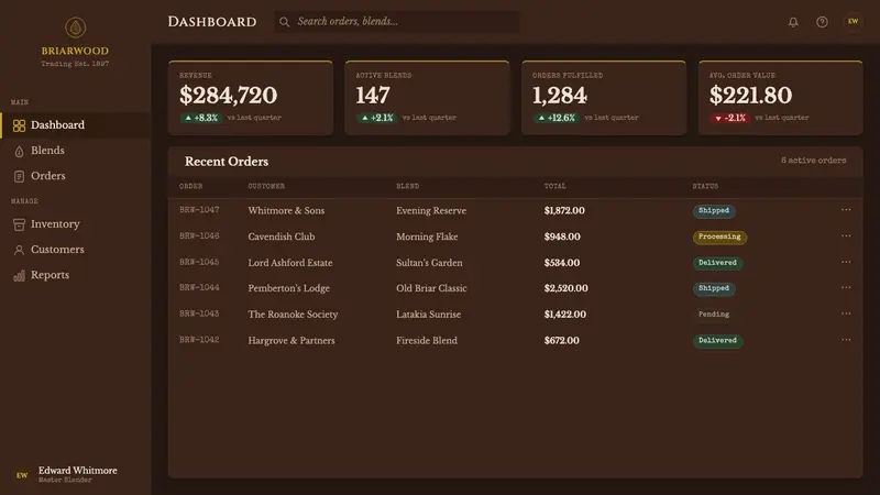 Briar Pipe & Tobacco — Web · dashboard