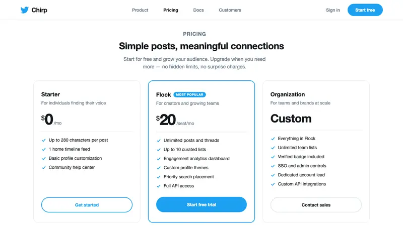 Twitter (Classic Bird) — Web · pricing