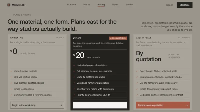 Olgiati Monolithic Concrete — Web · pricing