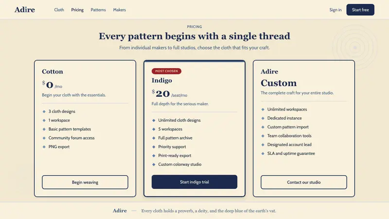 Yoruba Adire Indigo — Web · pricing