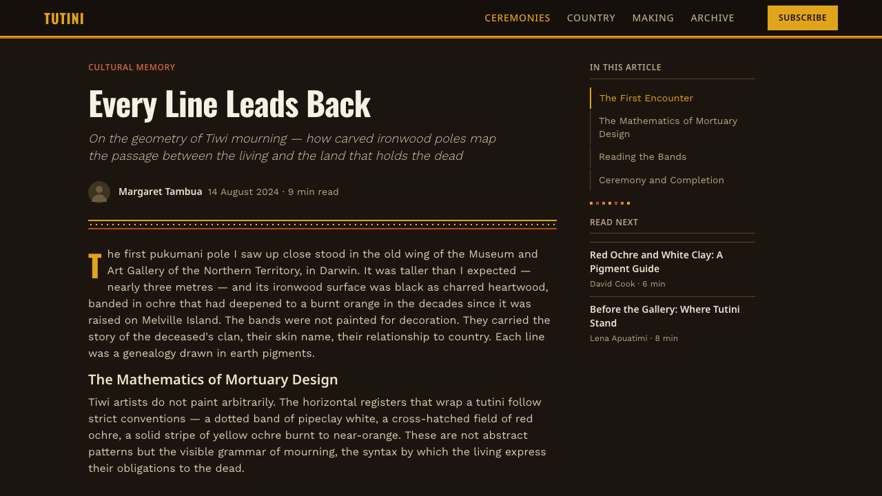 Tiwi Pukumani Pole design style applied to a Article page