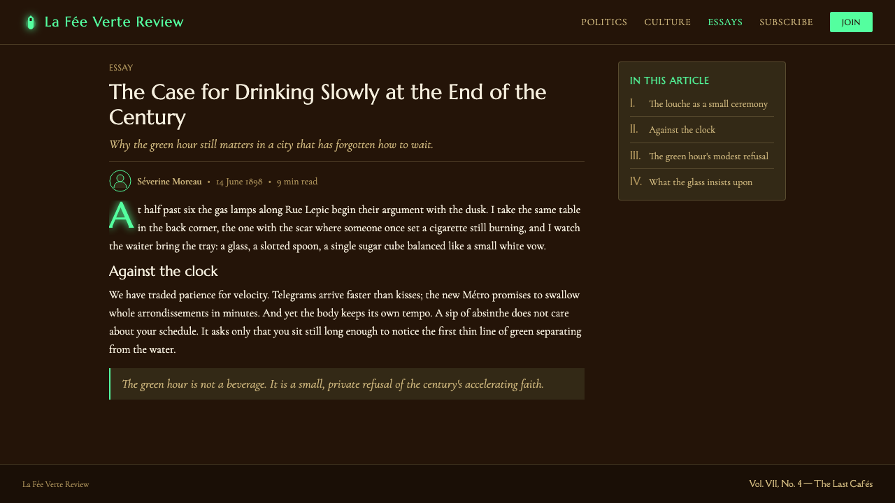 Absinthe Green Fairy Glow design style applied to a Article page