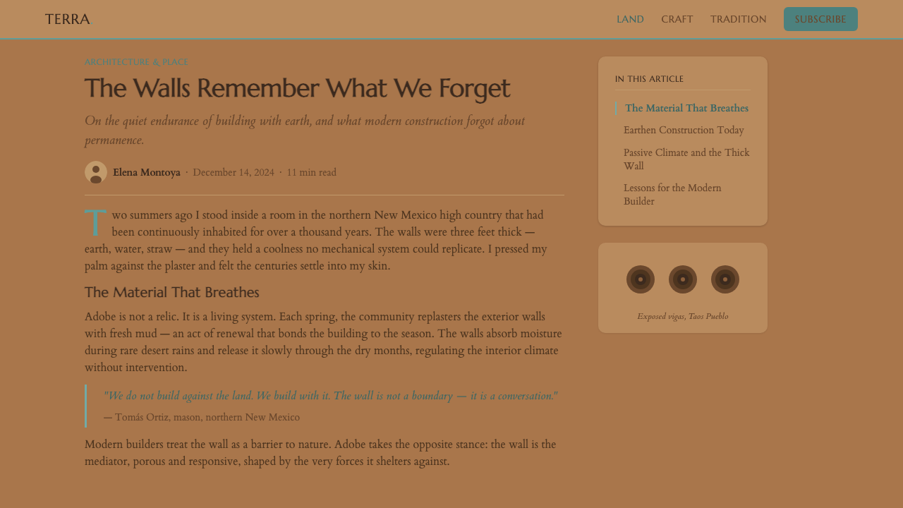 Adobe Pueblo Southwest design style applied to a Article page