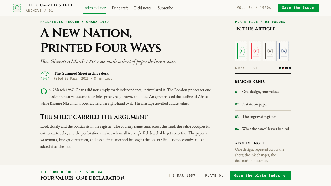 Independence Stamps 1960s design style applied to a Article page