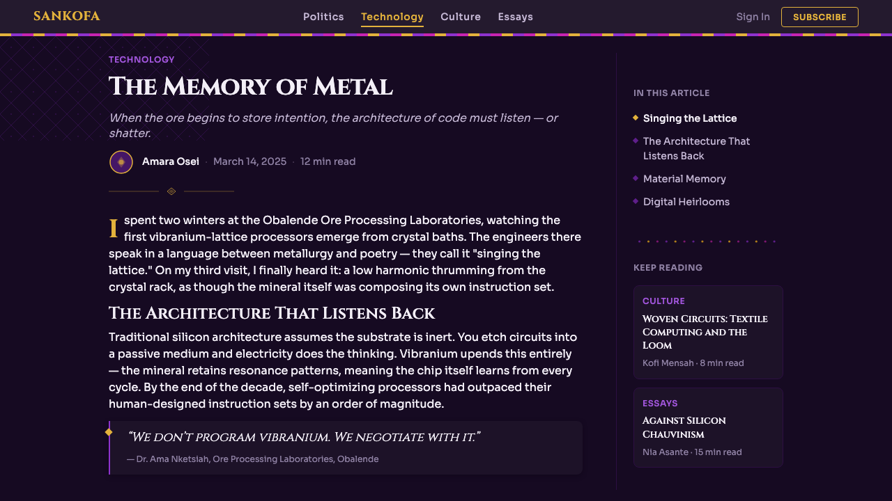Africanfuturism Vibranium design style applied to a Article page