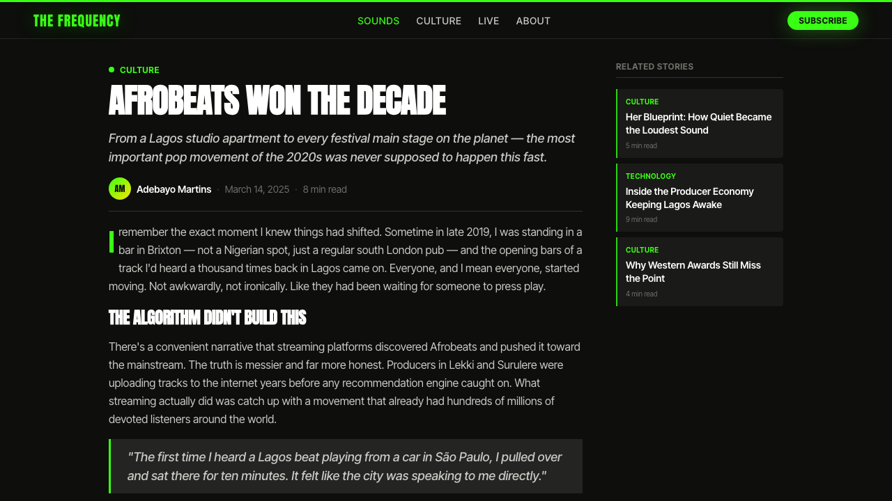 Afrobeats Lagos design style applied to a Article page
