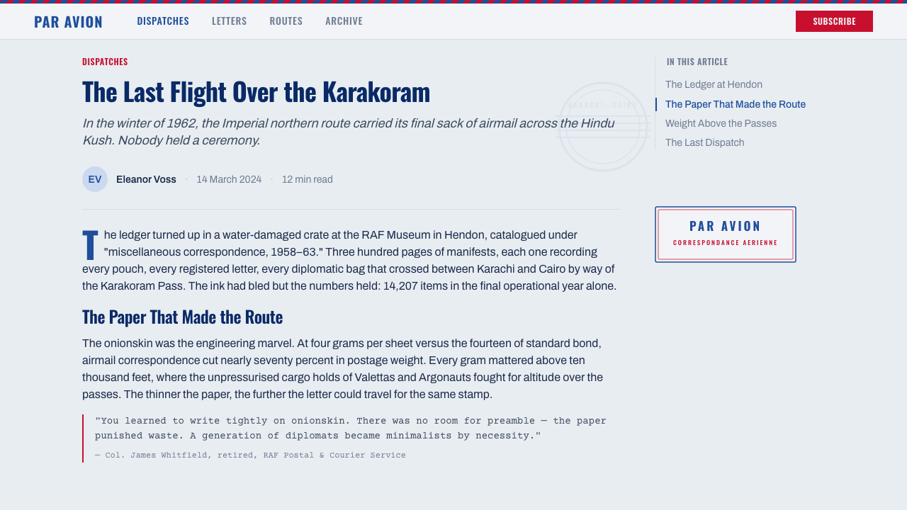 Par Avion Air Mail design style applied to a Article page