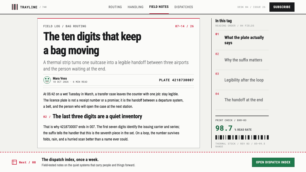 Airport Baggage Tag design style applied to a Article page
