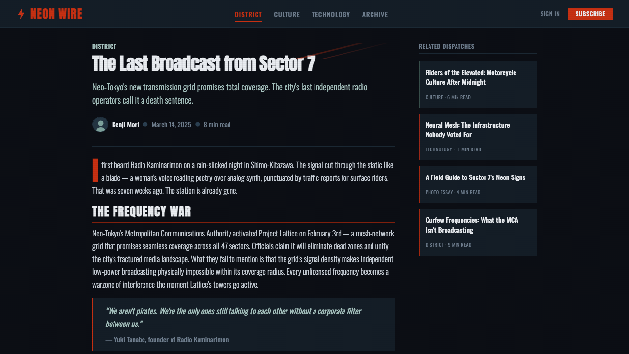 Akira Neo-Tokyo design style applied to a Article page